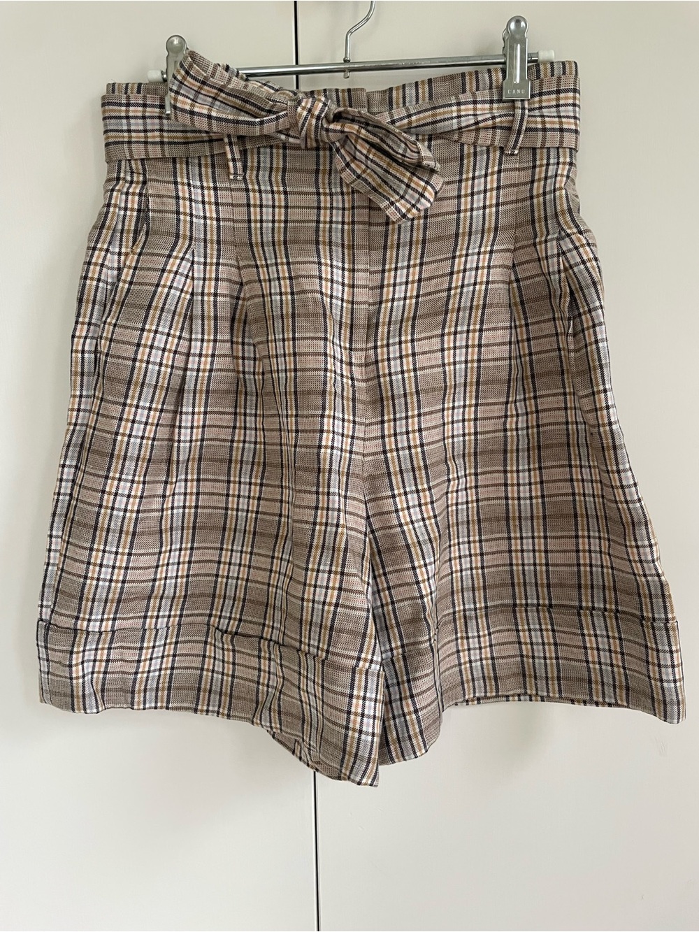 Massimo Dutti Plaid Linen Blend High Waist Bermuda Paperbag Shorts